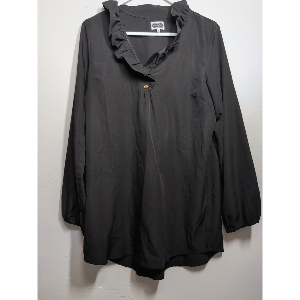 Mud Pie Womens Whitney Ruffle Neck Tunic Sz M‎ Solid Black Long Sleeve